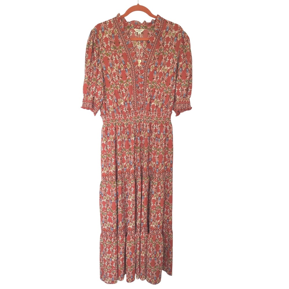Max Studio London Coral Floral Tiered Plus Size Maxi Dress Smocked Waist 1X NEW
